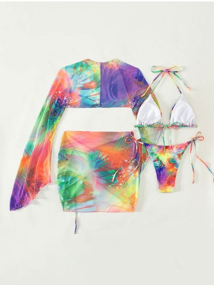 Three-Piece Long Sleeve Bikini Set with Cover-Up and Sarong view 6