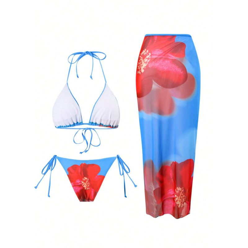 Three-Piece Halter Bikini Set with Long Sheer Cover-Up Skirt view 5