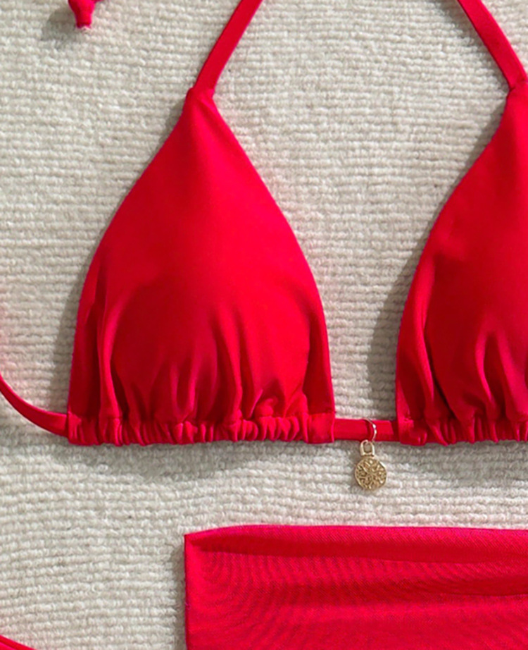 Three Piece Triangle Halter Bikini with Side Tie Bottom and Sarong view 3