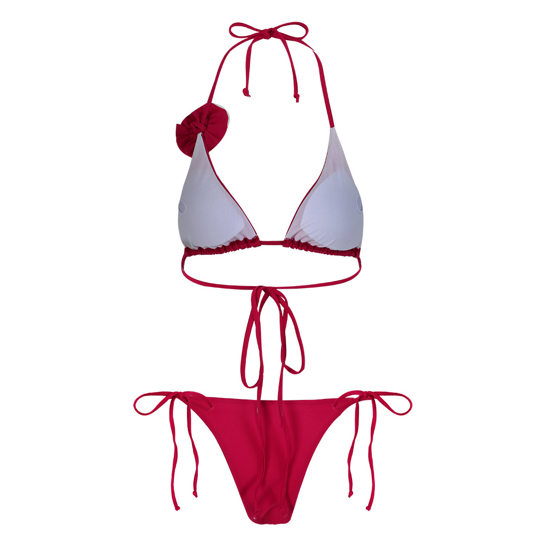Three-Piece Halter Bikini Set with Rosette and Sheer Skirt view 5