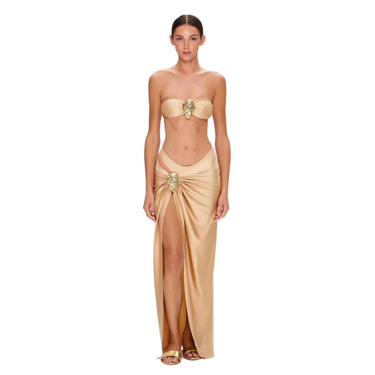 Shell Clasp Draped Maxi Wrap Skirt