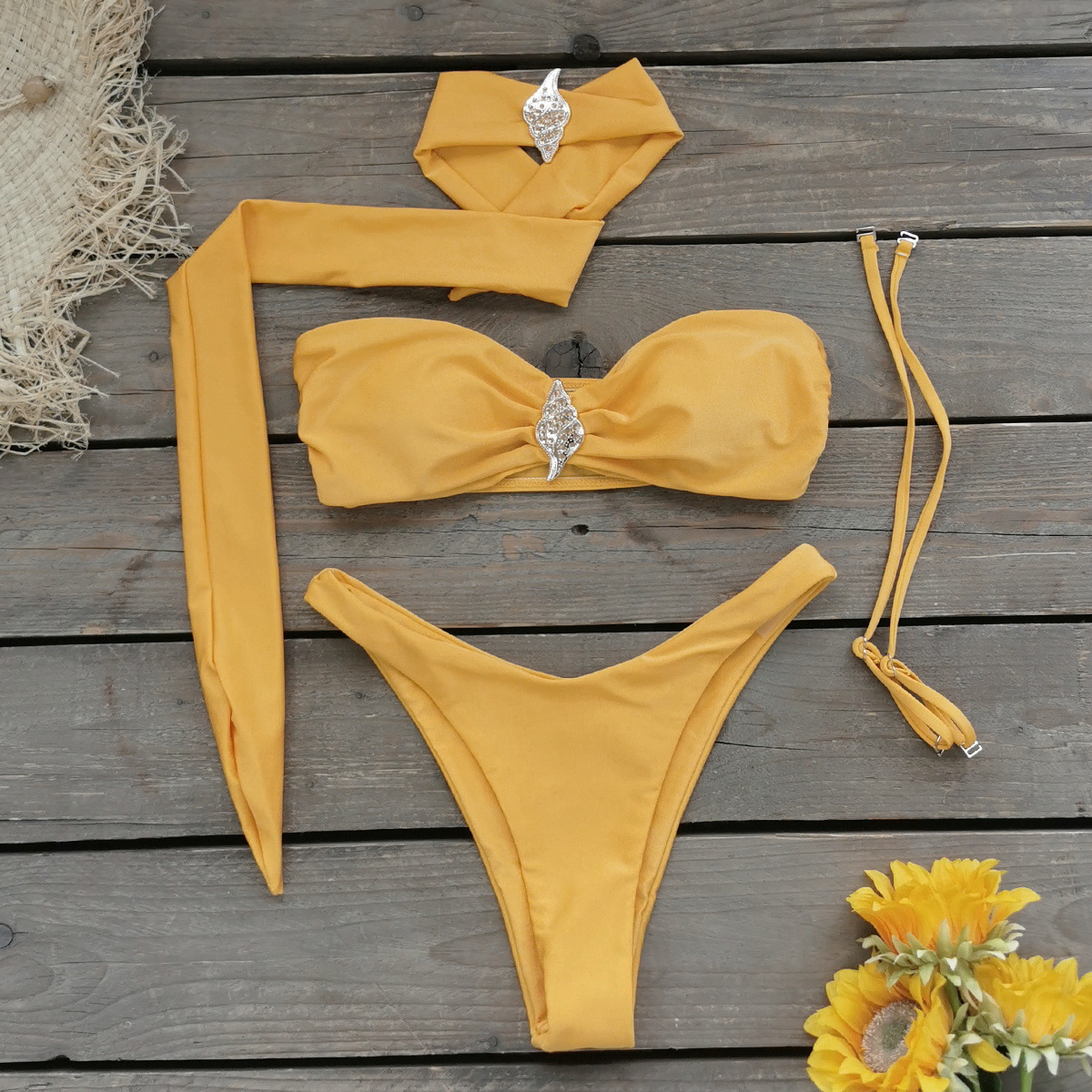 Bandeau Bikini Swimsuit Set with High-Cut Bottom and Neck Ring