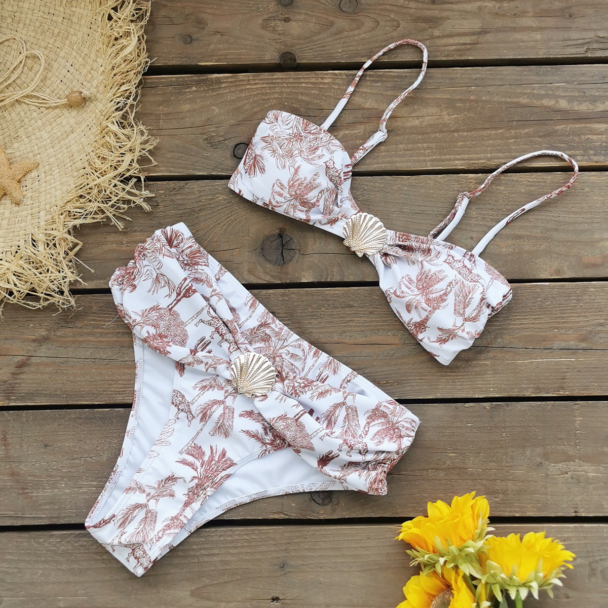 Leaf Print Bandeau Bikini Set with Shell Hardware and High-Waisted Bottom