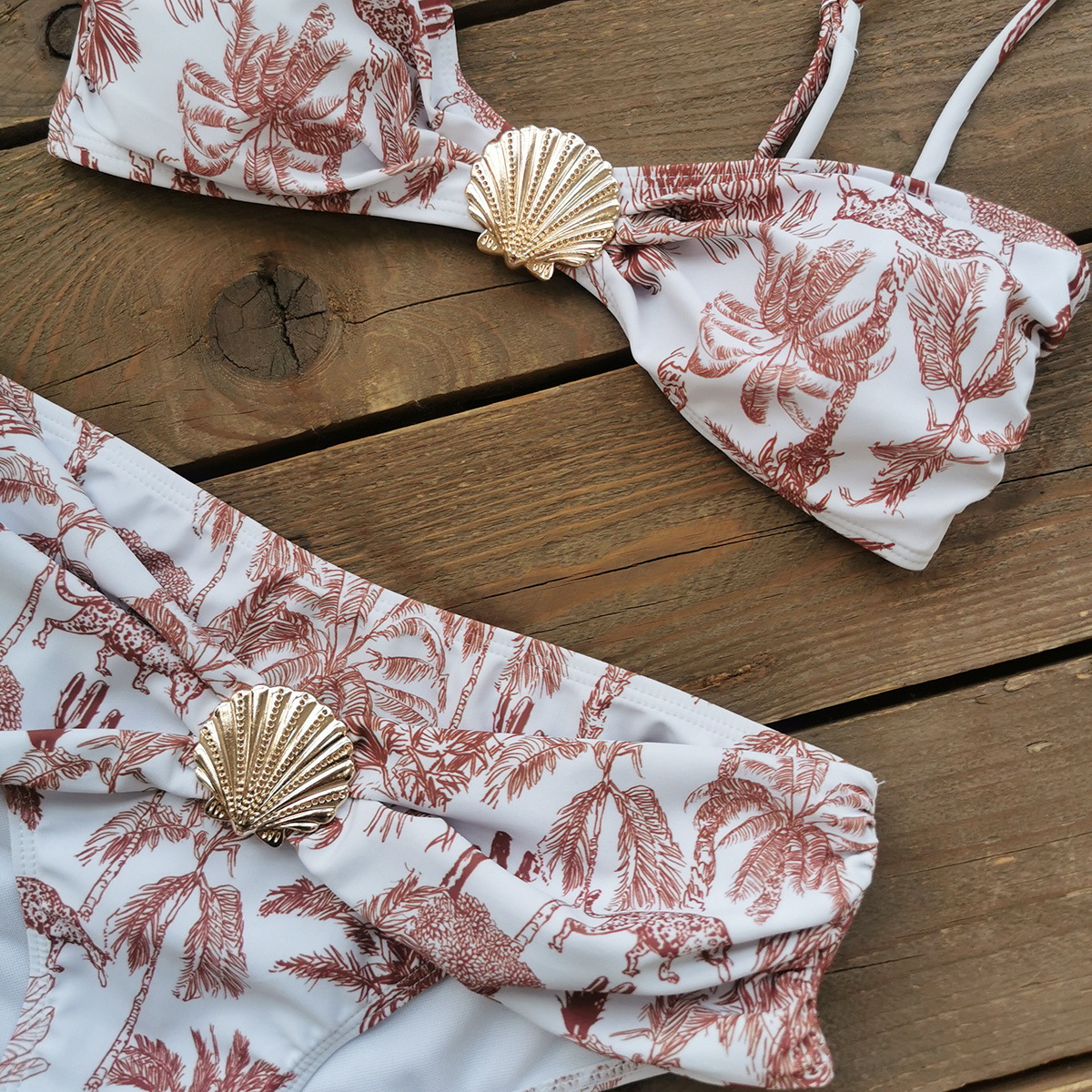 Leaf Print Bandeau Bikini Set with Shell Hardware and High-Waisted Bottom