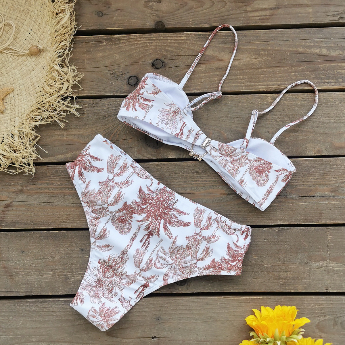 Leaf Print Bandeau Bikini Set with Shell Hardware and High-Waisted Bottom