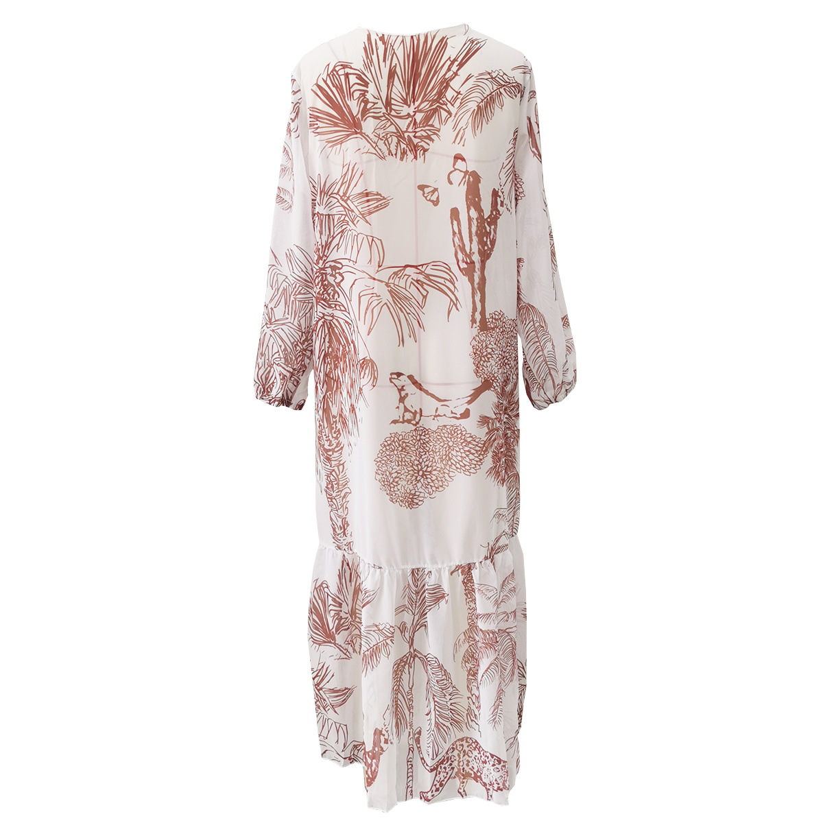 White Leaf Print Long Sleeve Open Front Maxi Cover-Up
