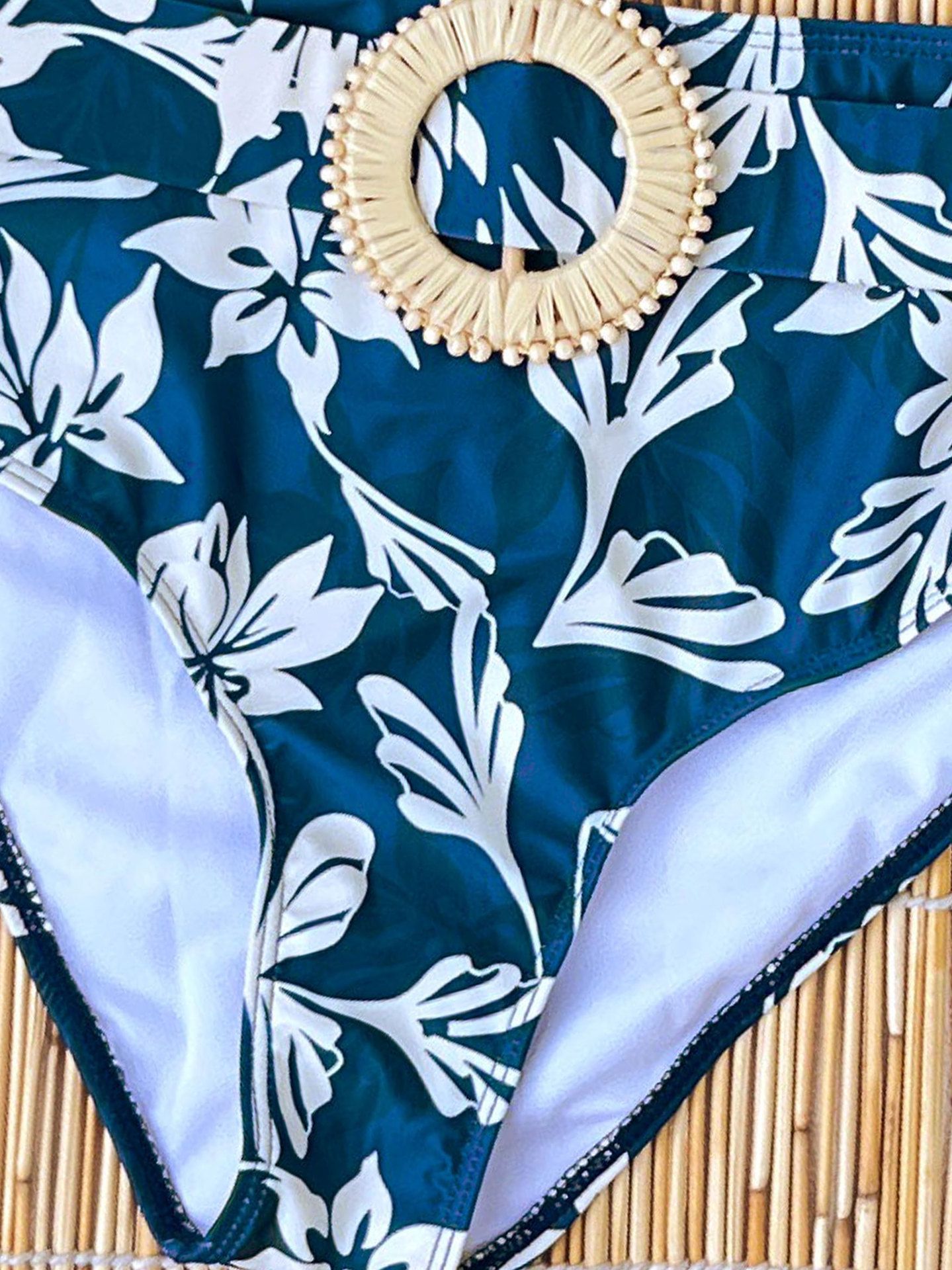 Navy Blue Floral Bandeau Bikini Two-Piece with High-Waisted Bottoms