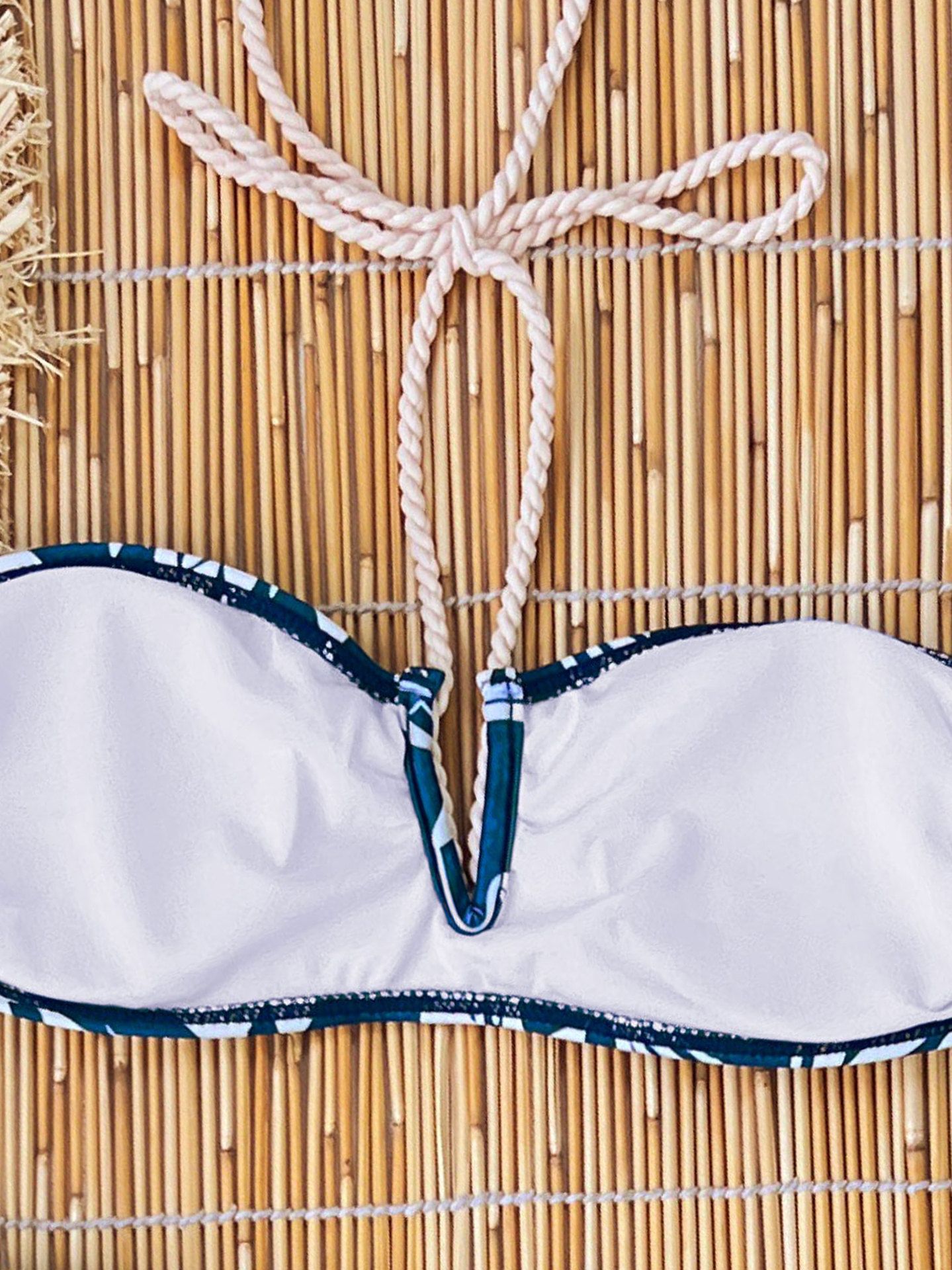Navy Blue Floral Bandeau Bikini Two-Piece with High-Waisted Bottoms