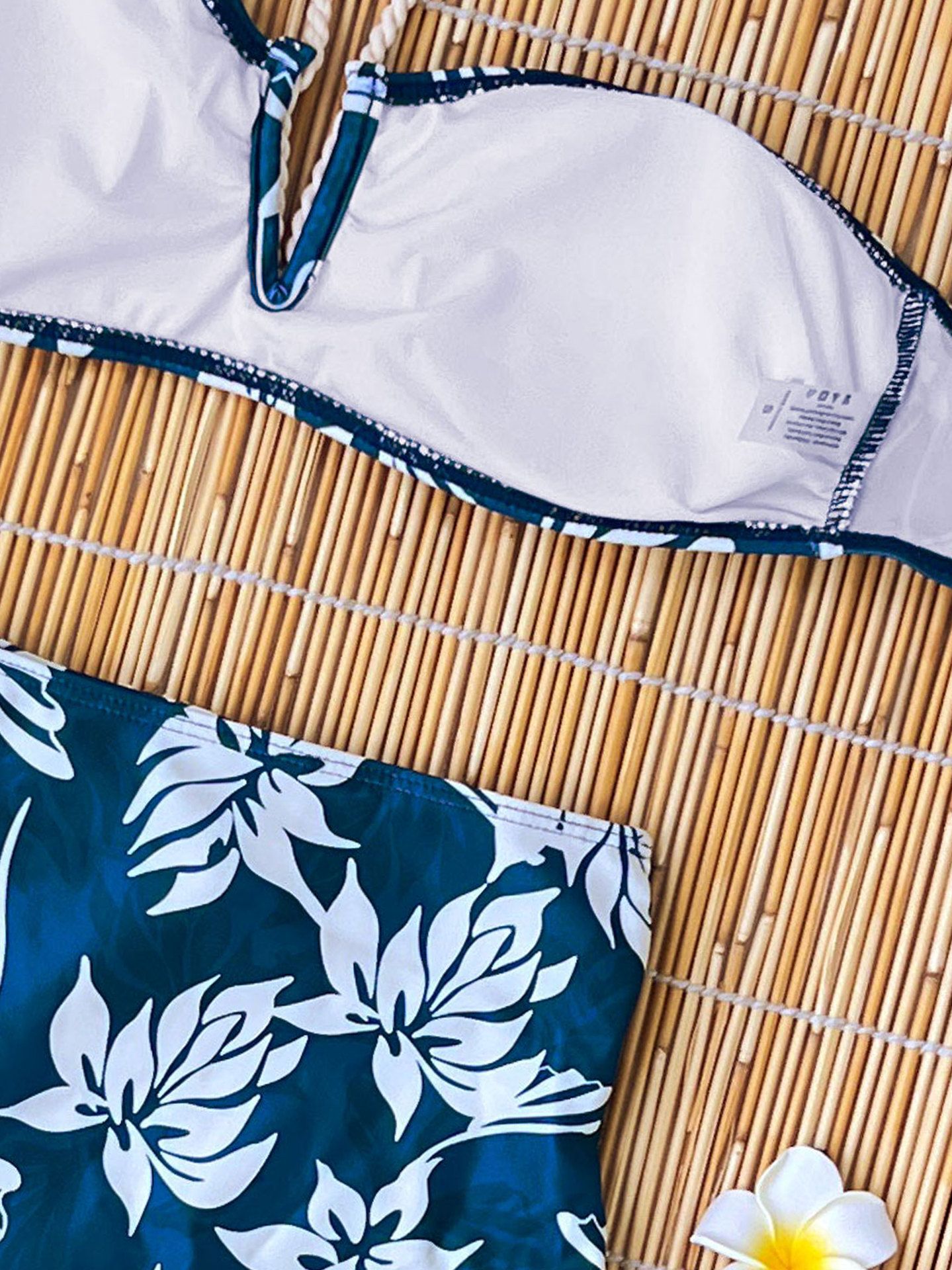 Navy Blue Floral Bandeau Bikini Two-Piece with High-Waisted Bottoms