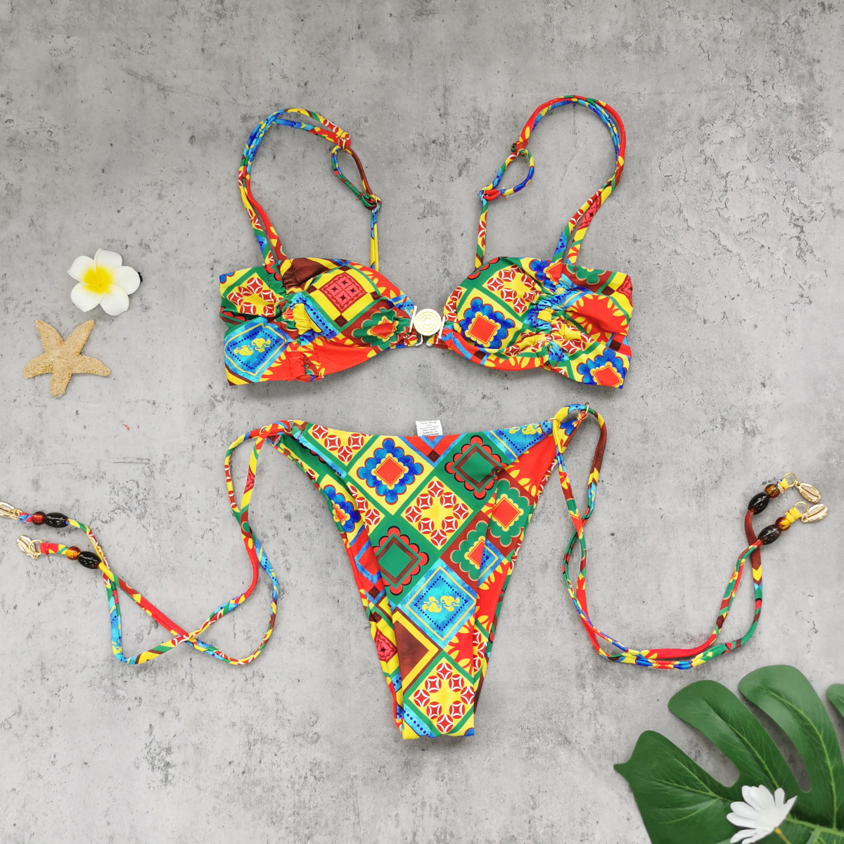 Multicolor Geometric Print Bandeau Bikini Set with Gold Ring Detail
