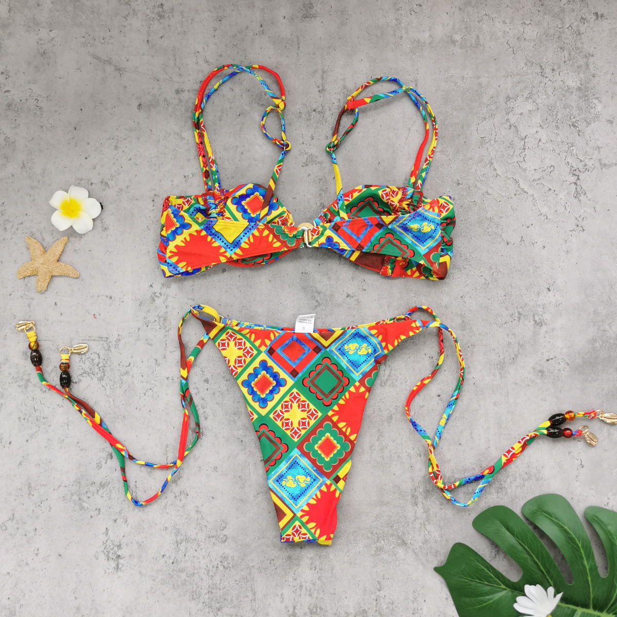 Multicolor Geometric Print Bandeau Bikini Set with Gold Ring Detail