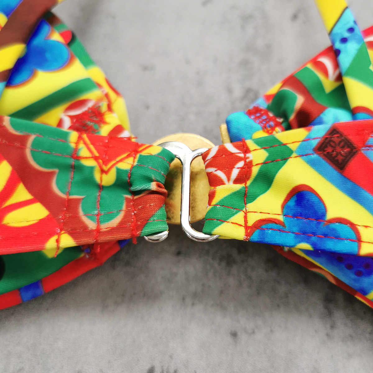 Multicolor Geometric Print Bandeau Bikini Set with Gold Ring Detail