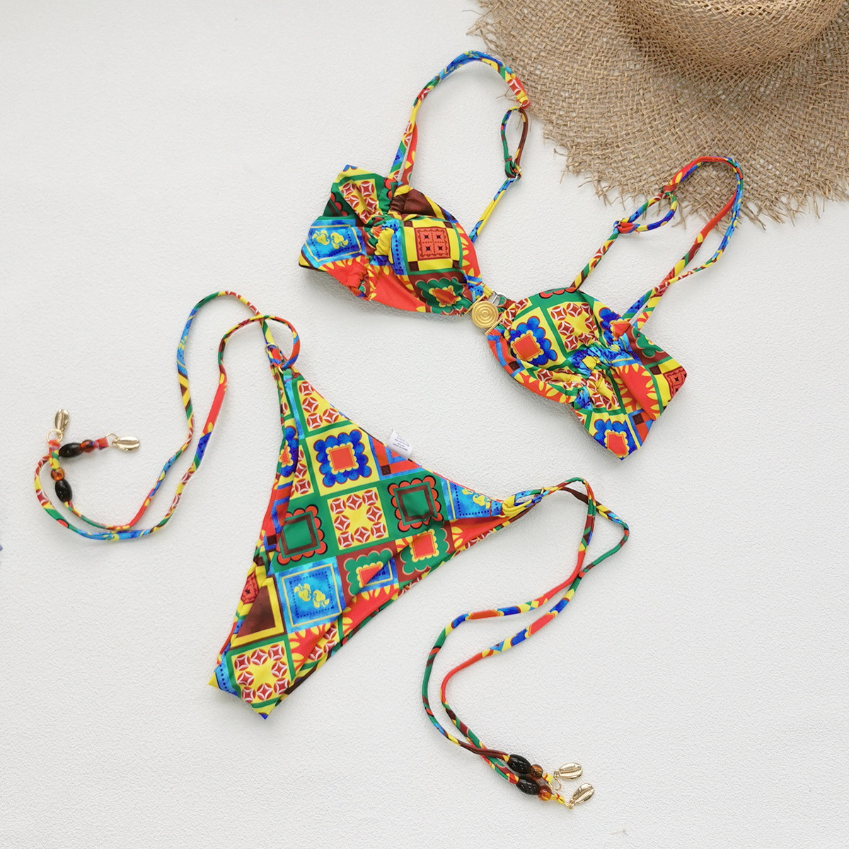 Multicolor Geometric Print Bandeau Bikini Set with Gold Ring Detail