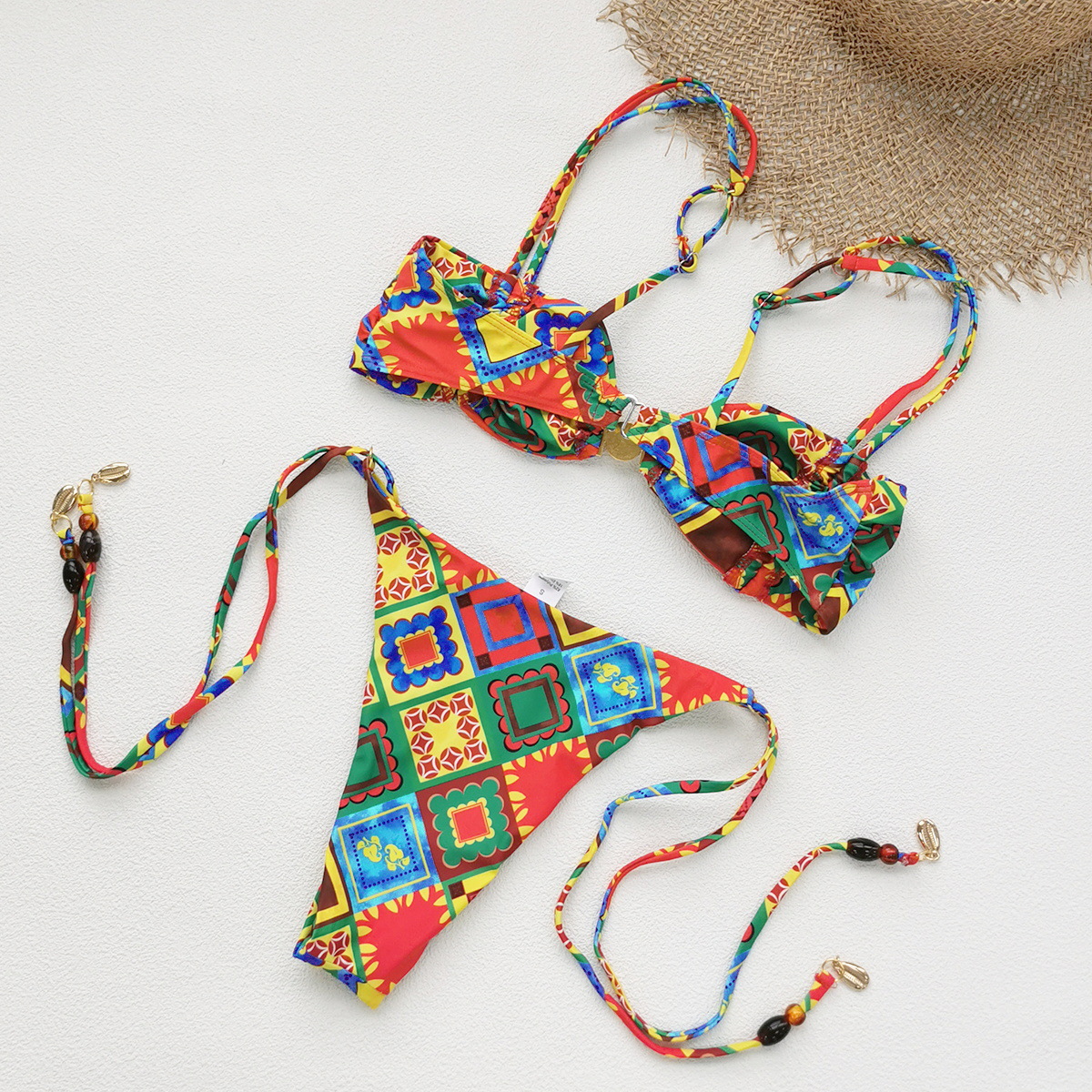 Multicolor Geometric Print Bandeau Bikini Set with Gold Ring Detail