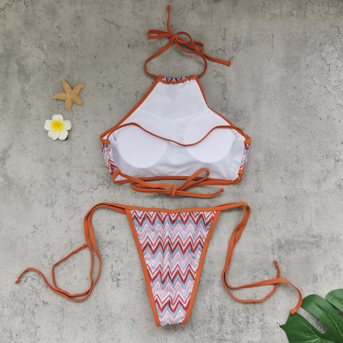 Brown Chevron Stripe Halter Bikini with Tie-Side Bottoms