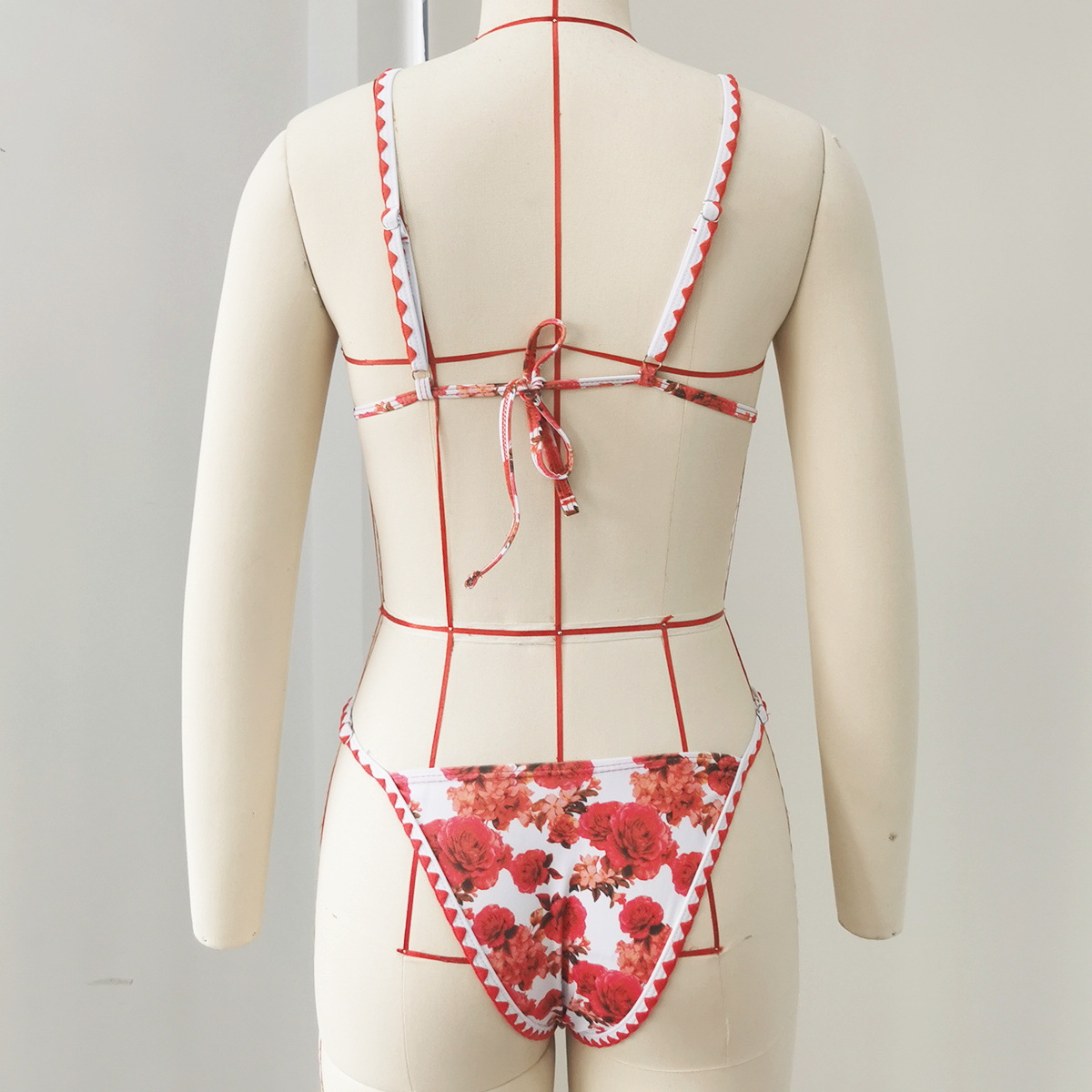 Red Floral Triangle Cup Halter Bikini with Scalloped Trim