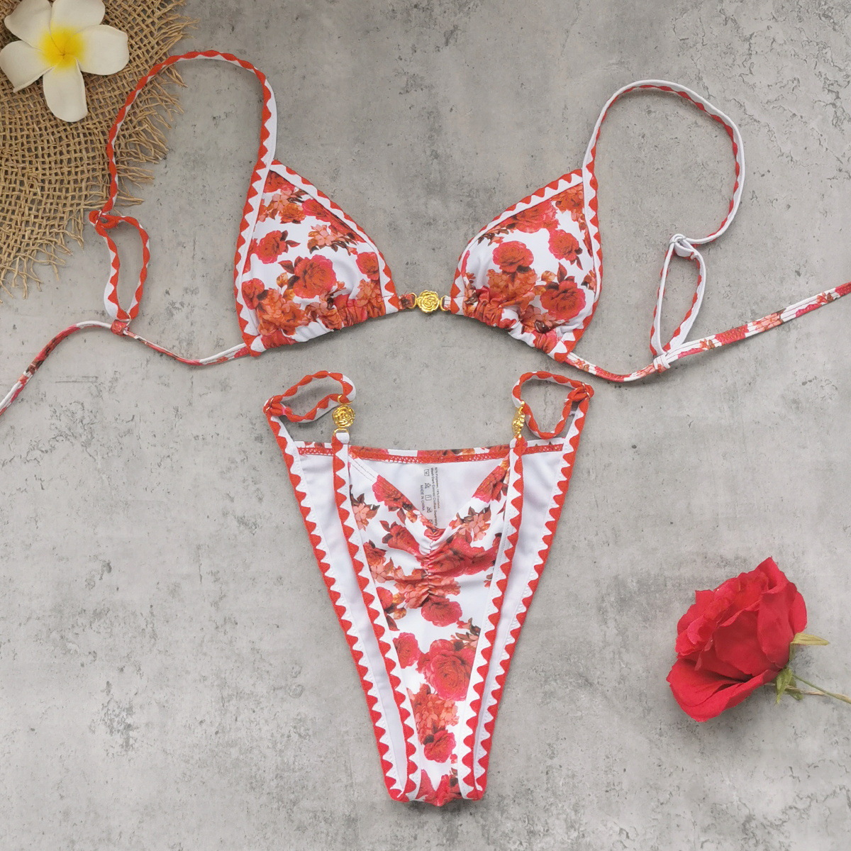 Red Floral Triangle Cup Halter Bikini with Scalloped Trim