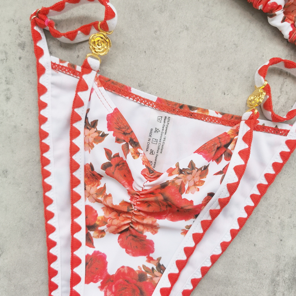 Red Floral Triangle Cup Halter Bikini with Scalloped Trim
