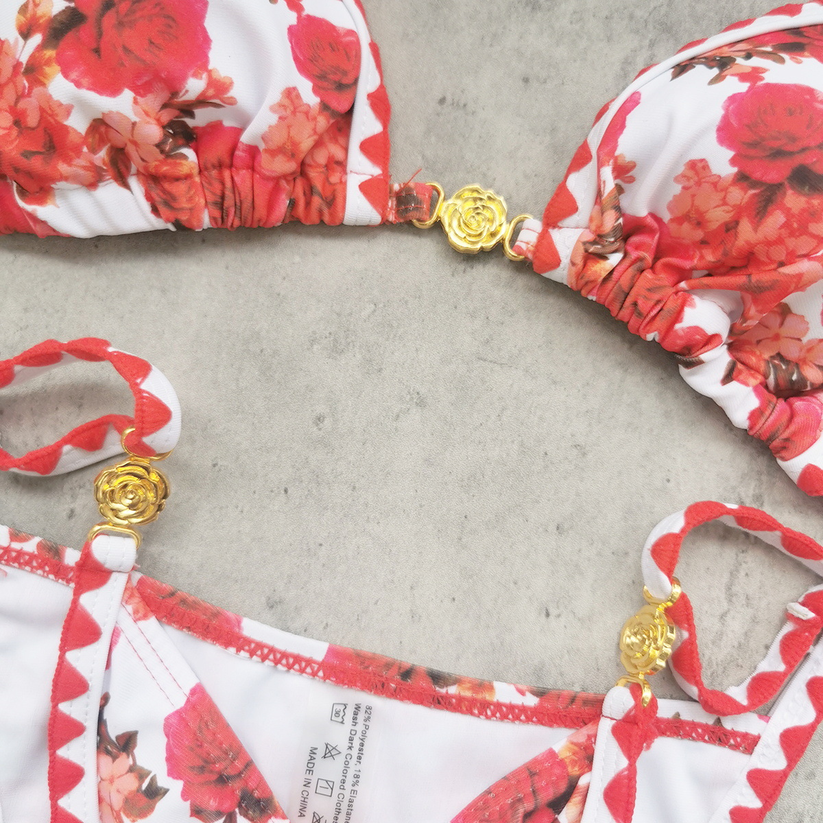 Red Floral Triangle Cup Halter Bikini with Scalloped Trim