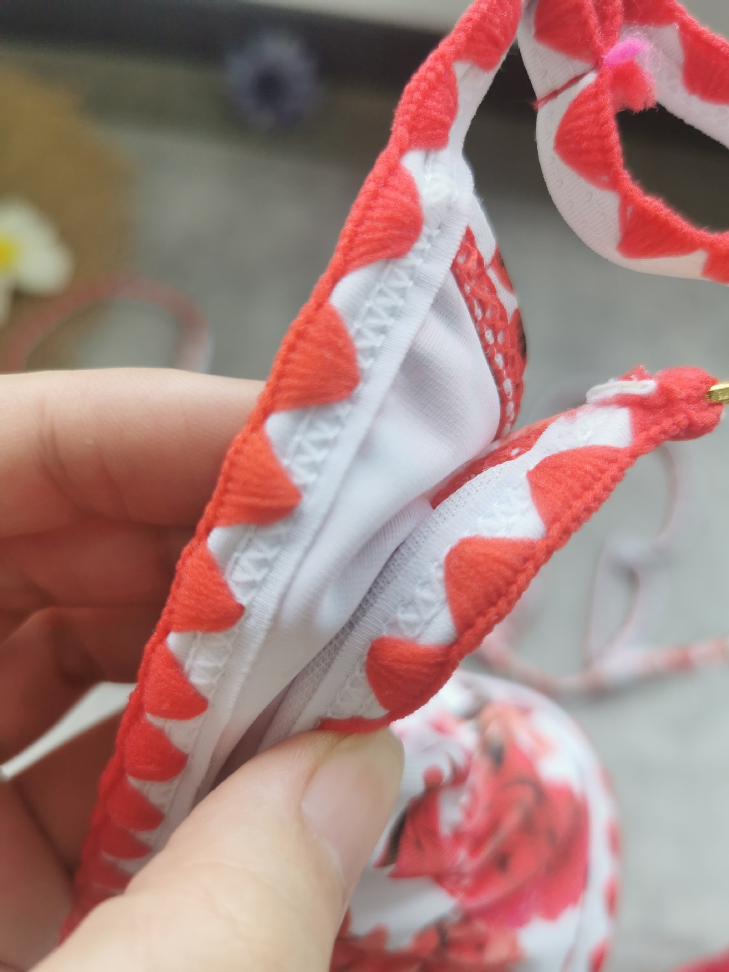 Red Floral Triangle Cup Halter Bikini with Scalloped Trim