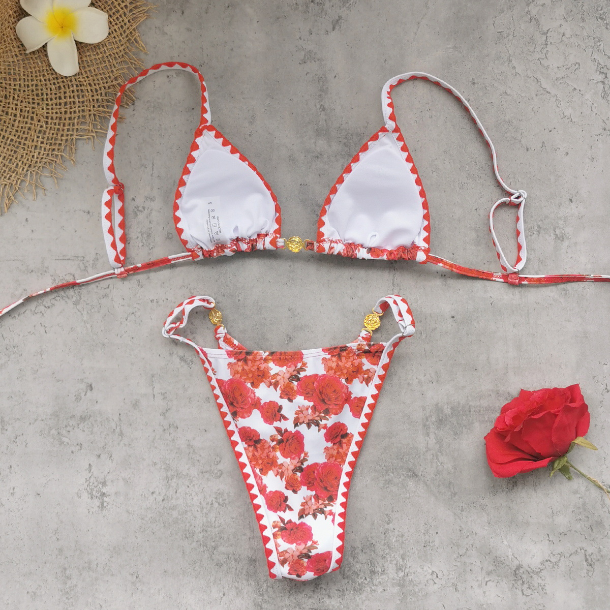 Red Floral Triangle Cup Halter Bikini with Scalloped Trim