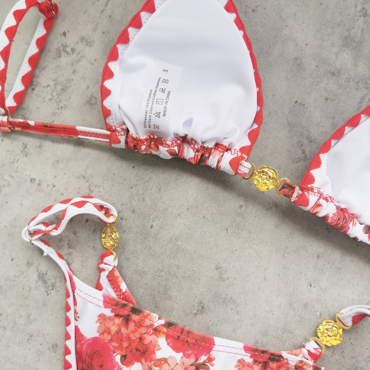 Red Floral Triangle Cup Halter Bikini with Scalloped Trim