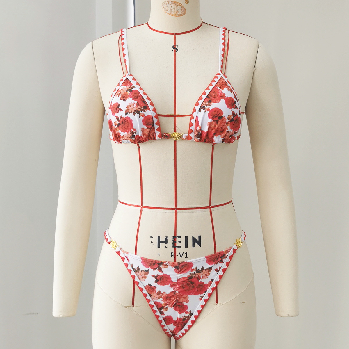 Red Floral Triangle Cup Halter Bikini with Scalloped Trim