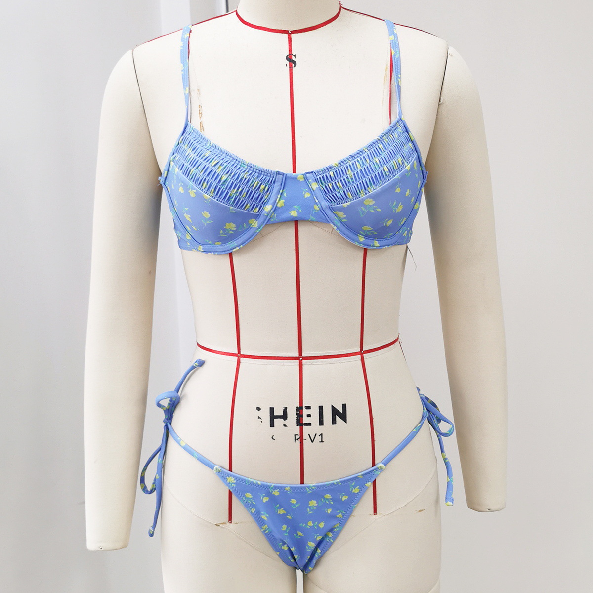 Sky Blue Floral Underwire Bikini with Side-Tie Bottoms