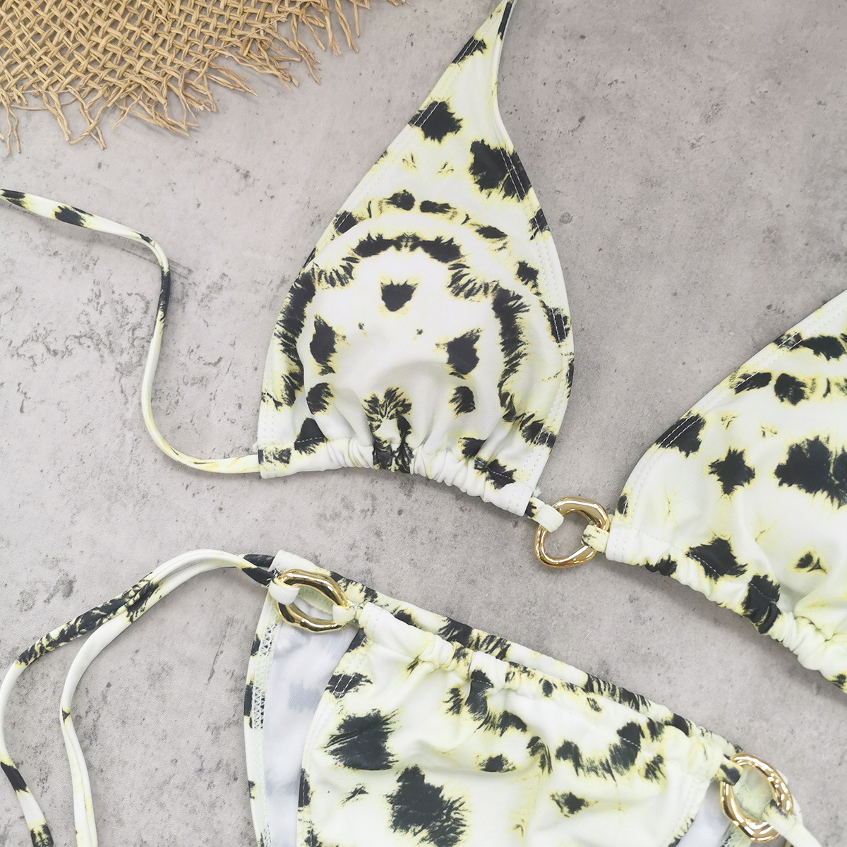 Yellow Leopard Halter Triangle Bikini Top and Tie-Side Bottom Set