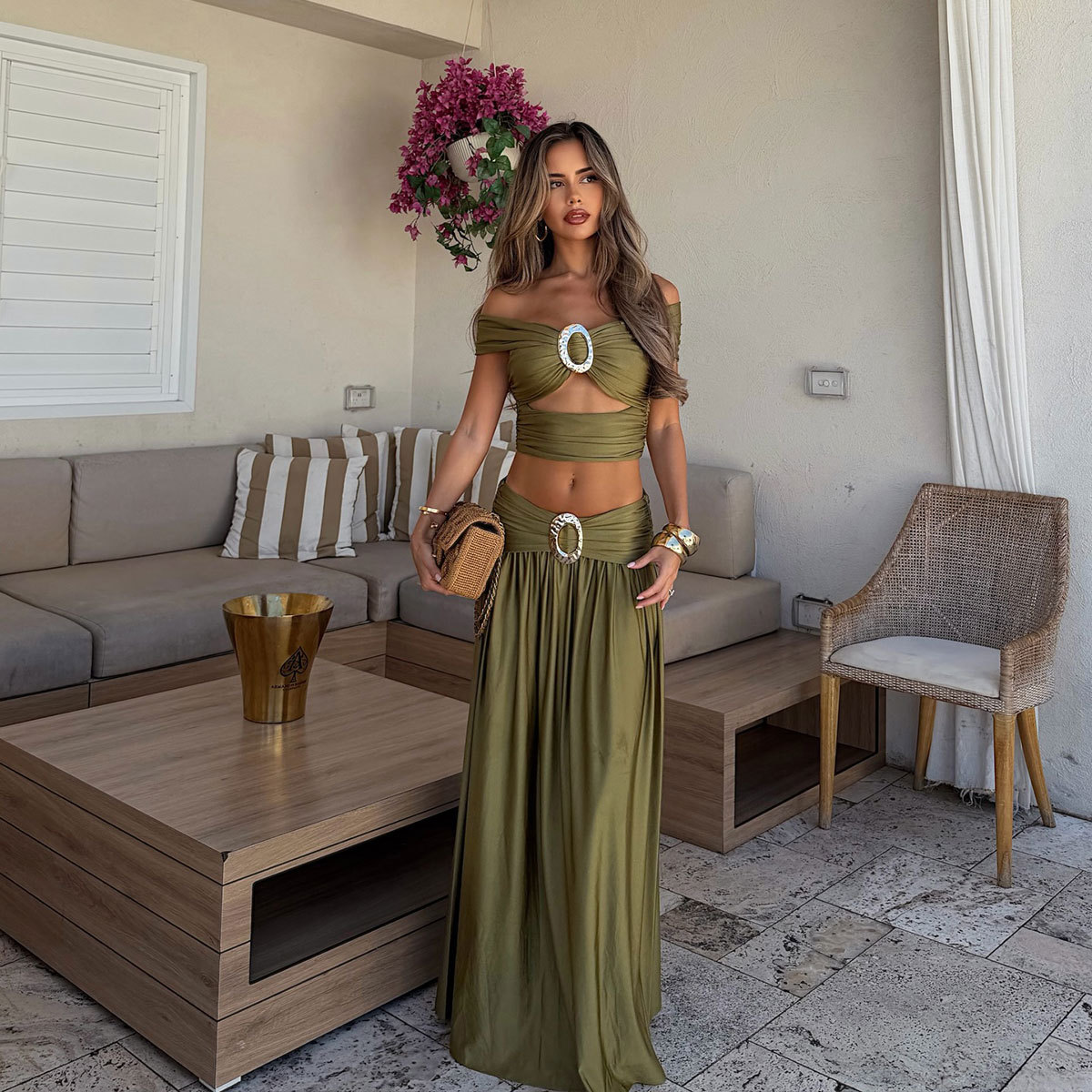 Olive Green High Waist Ruched Buckle Maxi Skirt