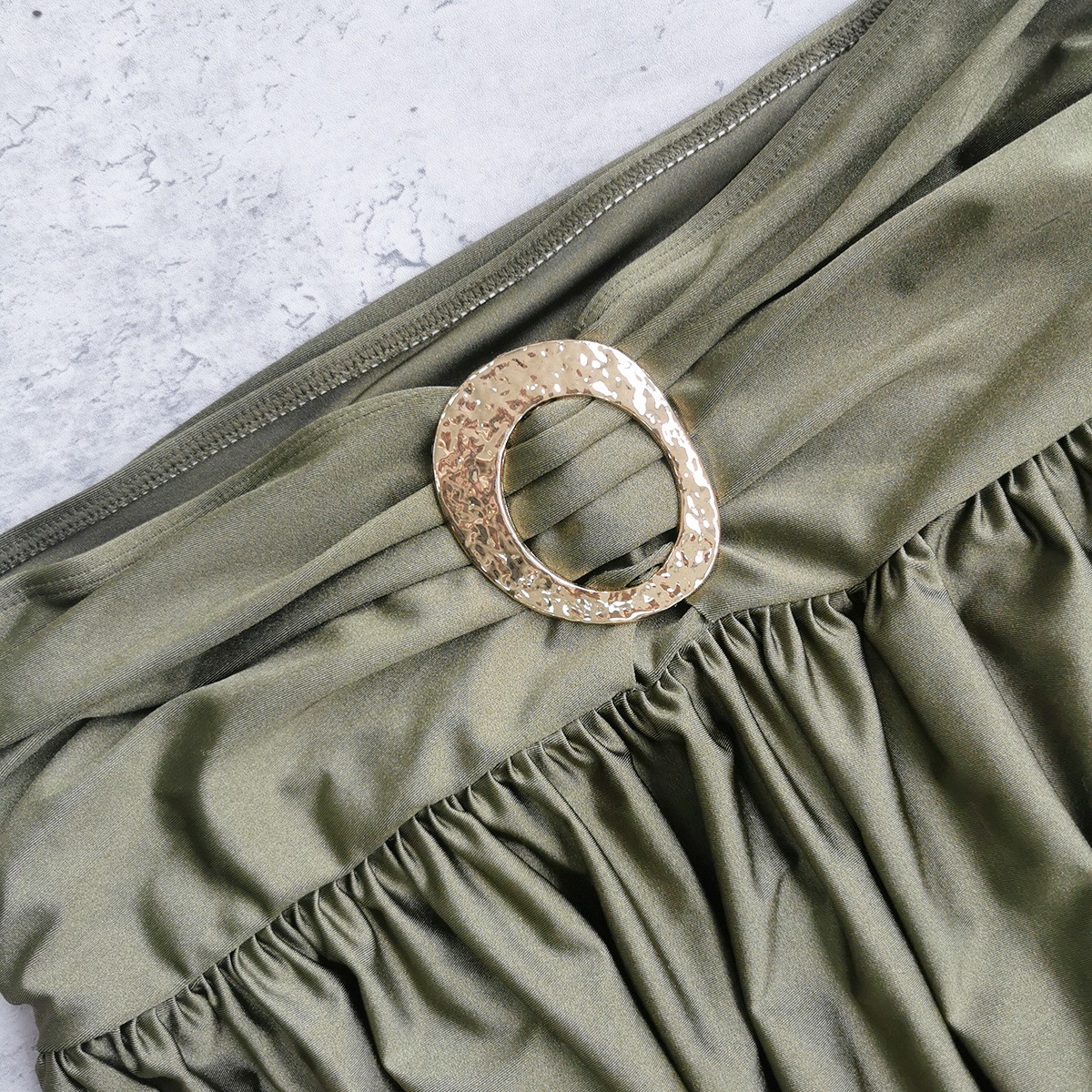 Olive Green High Waist Ruched Buckle Maxi Skirt