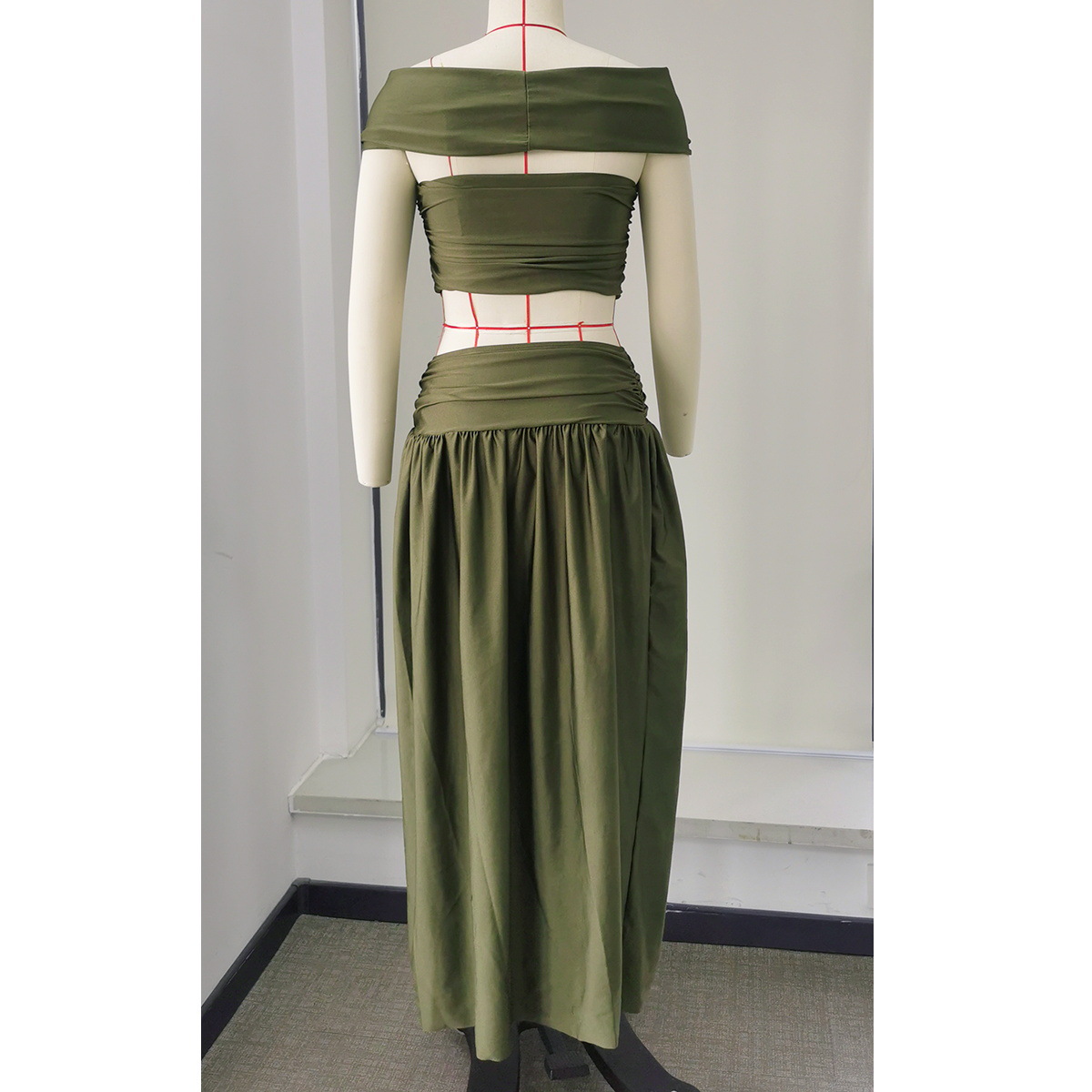 Olive Green High Waist Ruched Buckle Maxi Skirt
