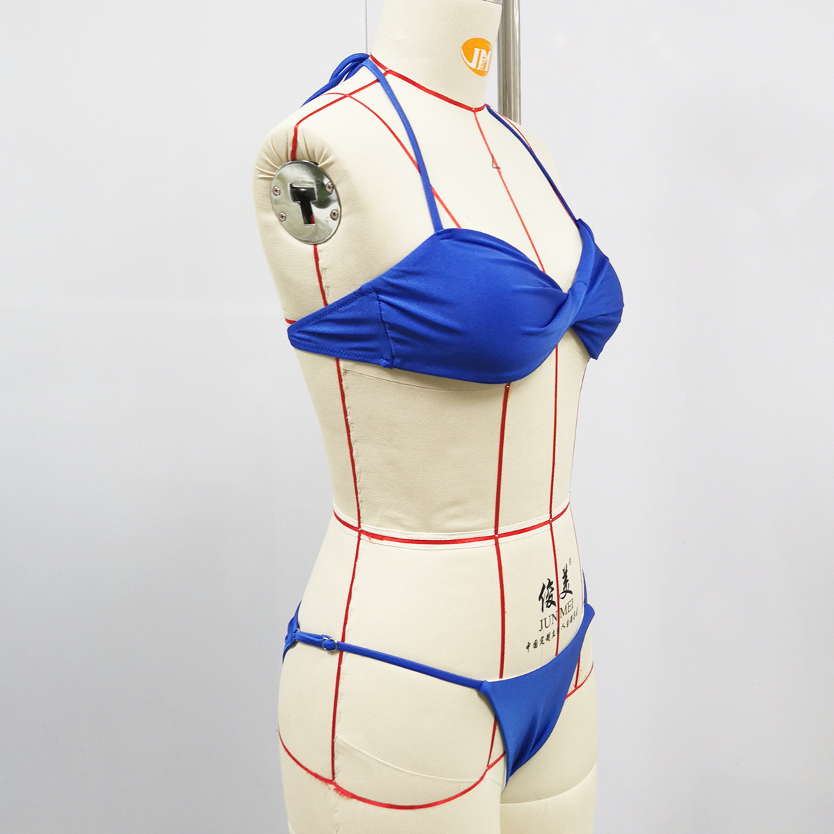 Blue Twist Front Halter Bikini Set with High Cut Briefs