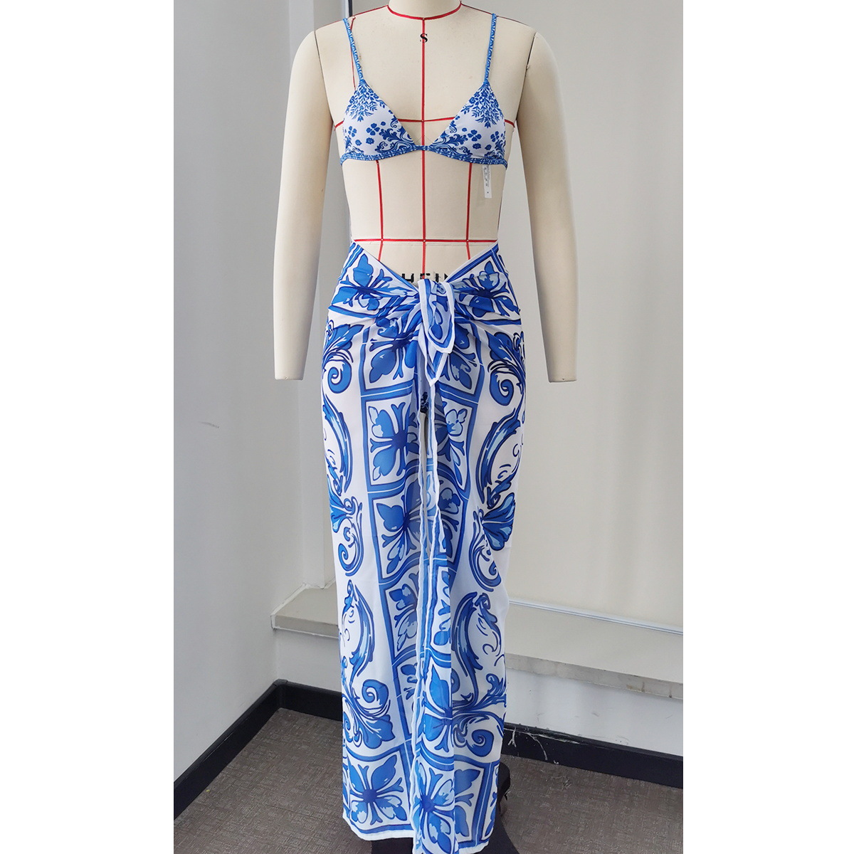 Blue and White Print Sheer Wrap Cover-Up Skirt