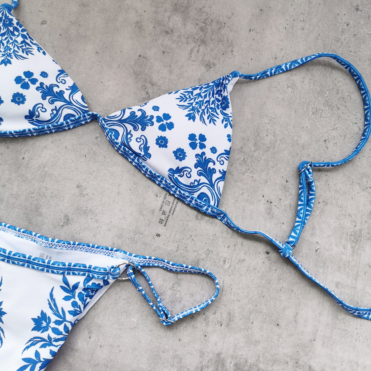 Blue and White Floral Triangle Bikini Set with Halter Tie Top and Ring-Side Bottoms
