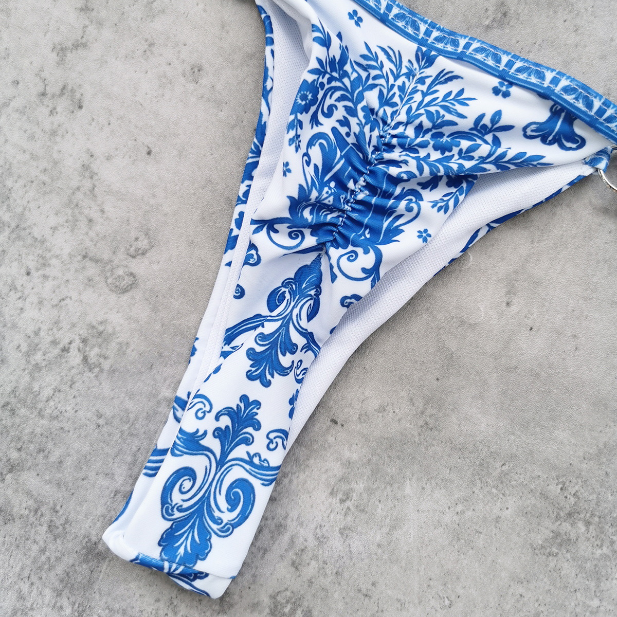 Blue and White Floral Triangle Bikini Set with Halter Tie Top and Ring-Side Bottoms