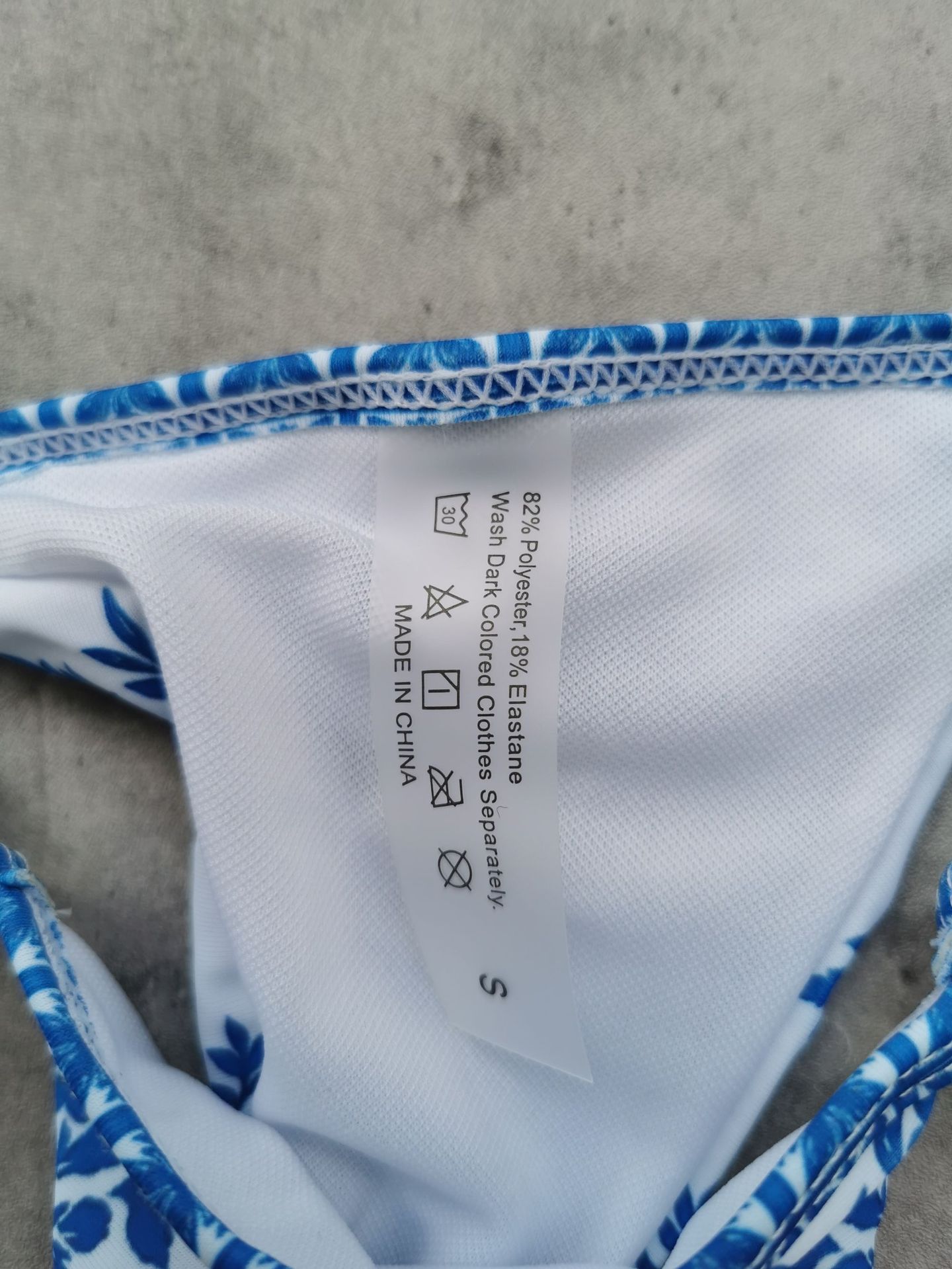 Blue and White Floral Triangle Bikini Set with Halter Tie Top and Ring-Side Bottoms