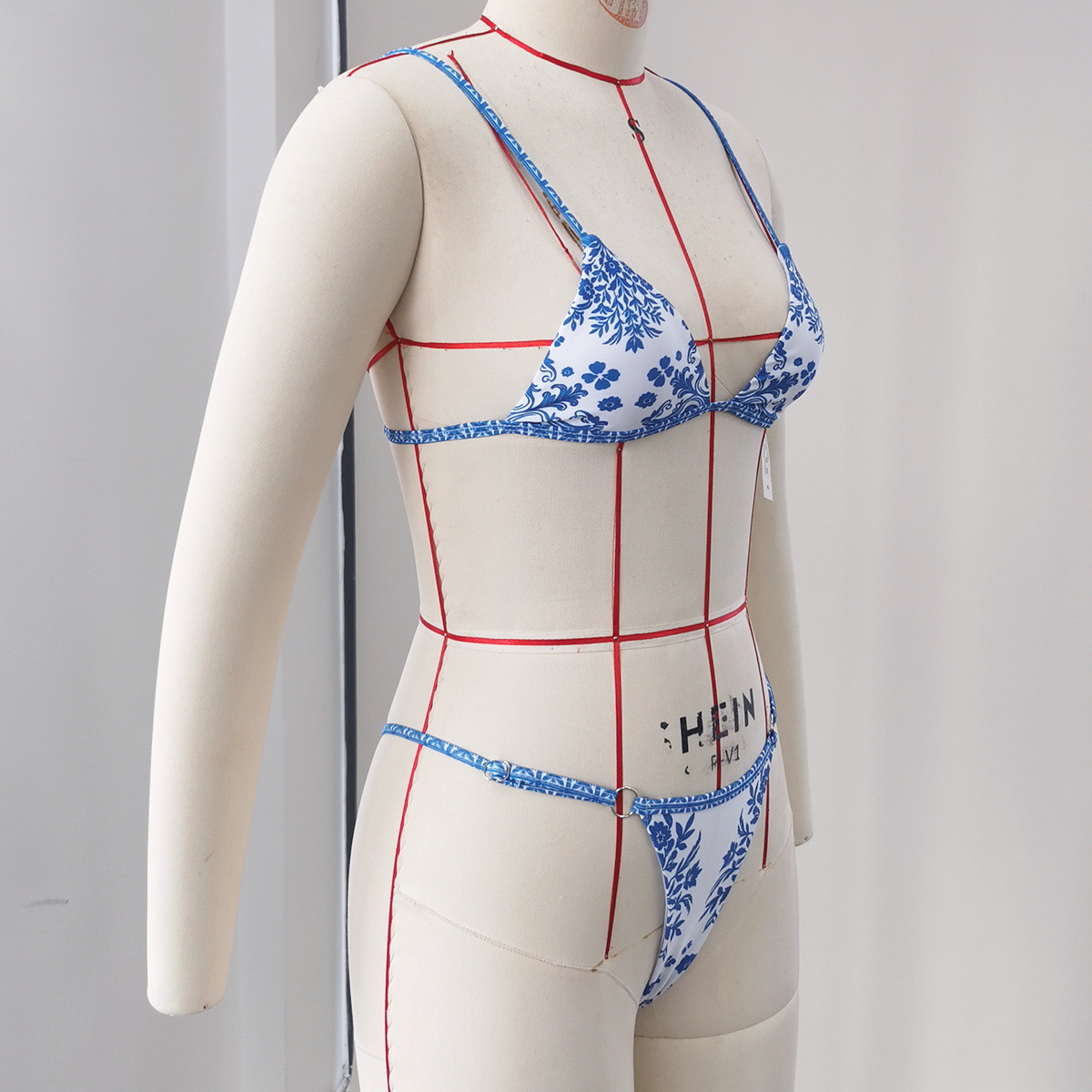 Blue and White Floral Triangle Bikini Set with Halter Tie Top and Ring-Side Bottoms