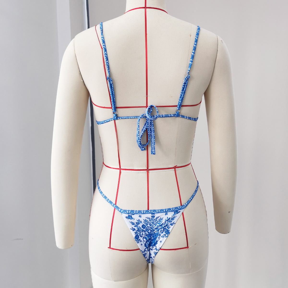 Blue and White Floral Triangle Bikini Set with Halter Tie Top and Ring-Side Bottoms