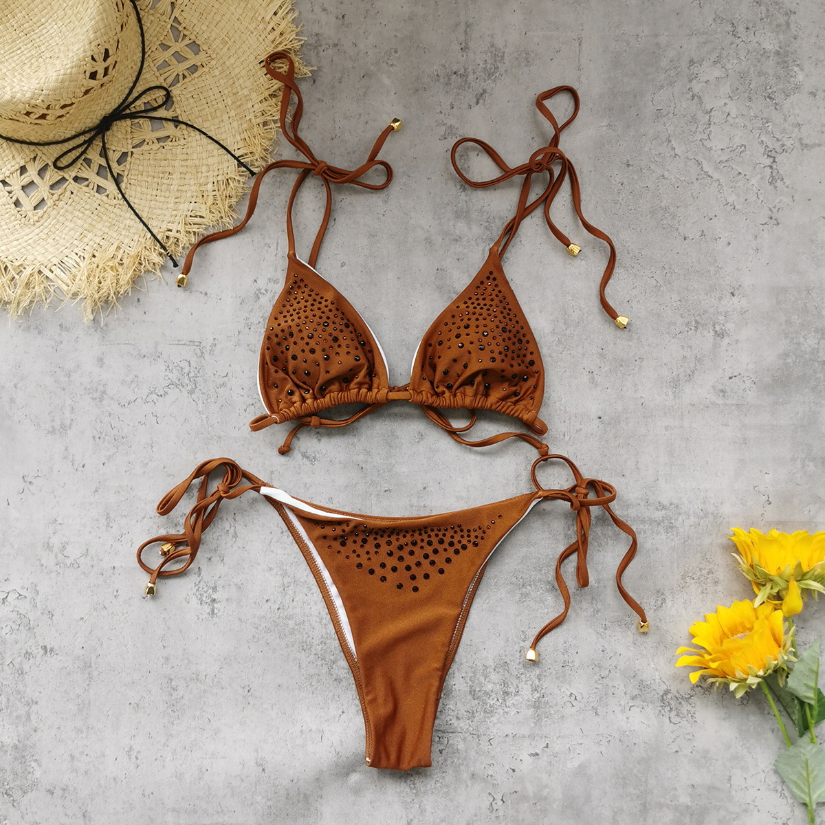 Rust Brown Rhinestone Triangle Bikini Top Tie-Side Bottoms and Wrap Mini Skirt
