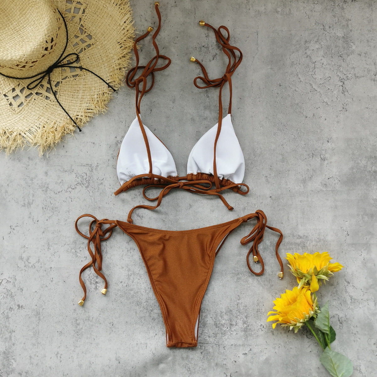 Rust Brown Rhinestone Triangle Bikini Top Tie-Side Bottoms and Wrap Mini Skirt