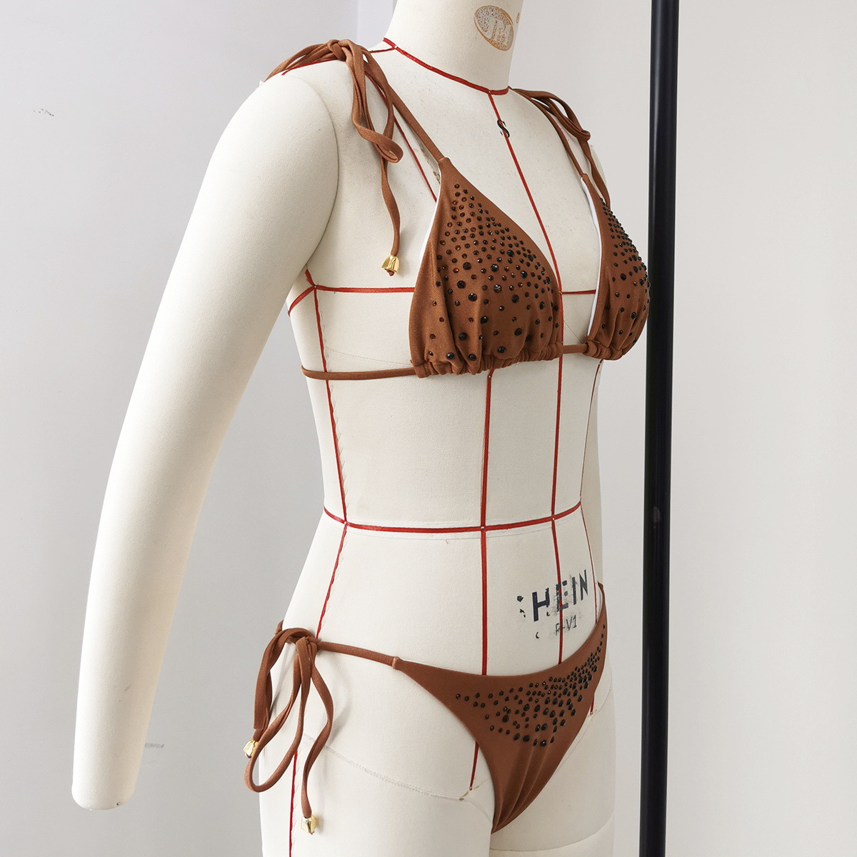 Rust Brown Rhinestone Triangle Bikini Top Tie-Side Bottoms and Wrap Mini Skirt