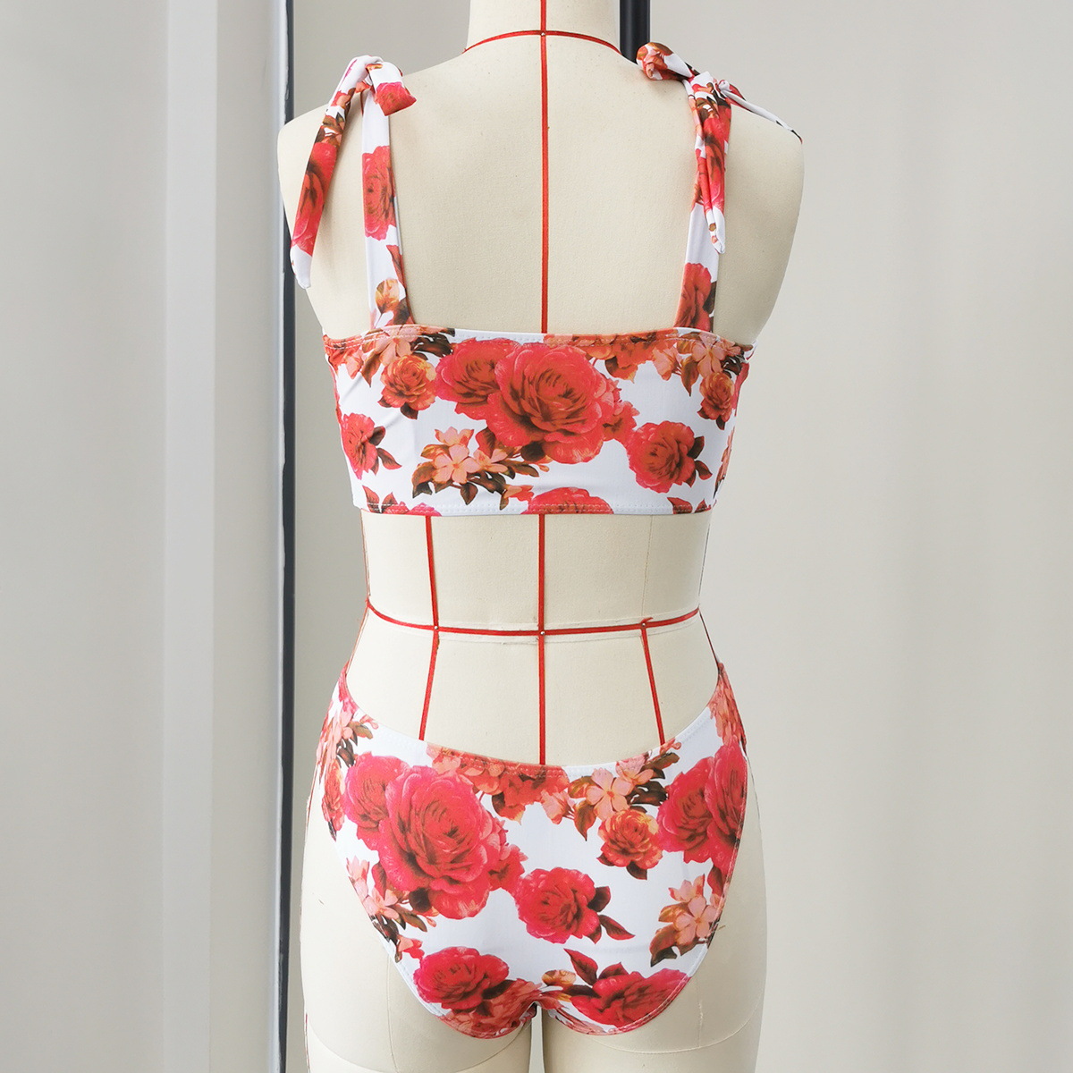 White Red Floral Tie-Strap Bikini Top and Bottom