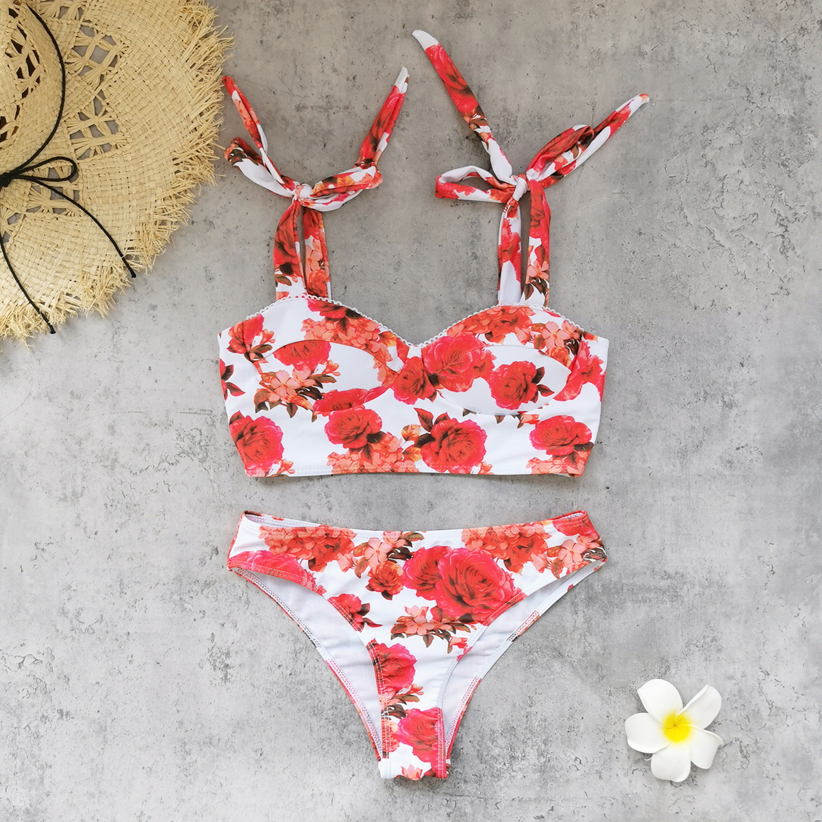 White Red Floral Tie-Strap Bikini Top and Bottom
