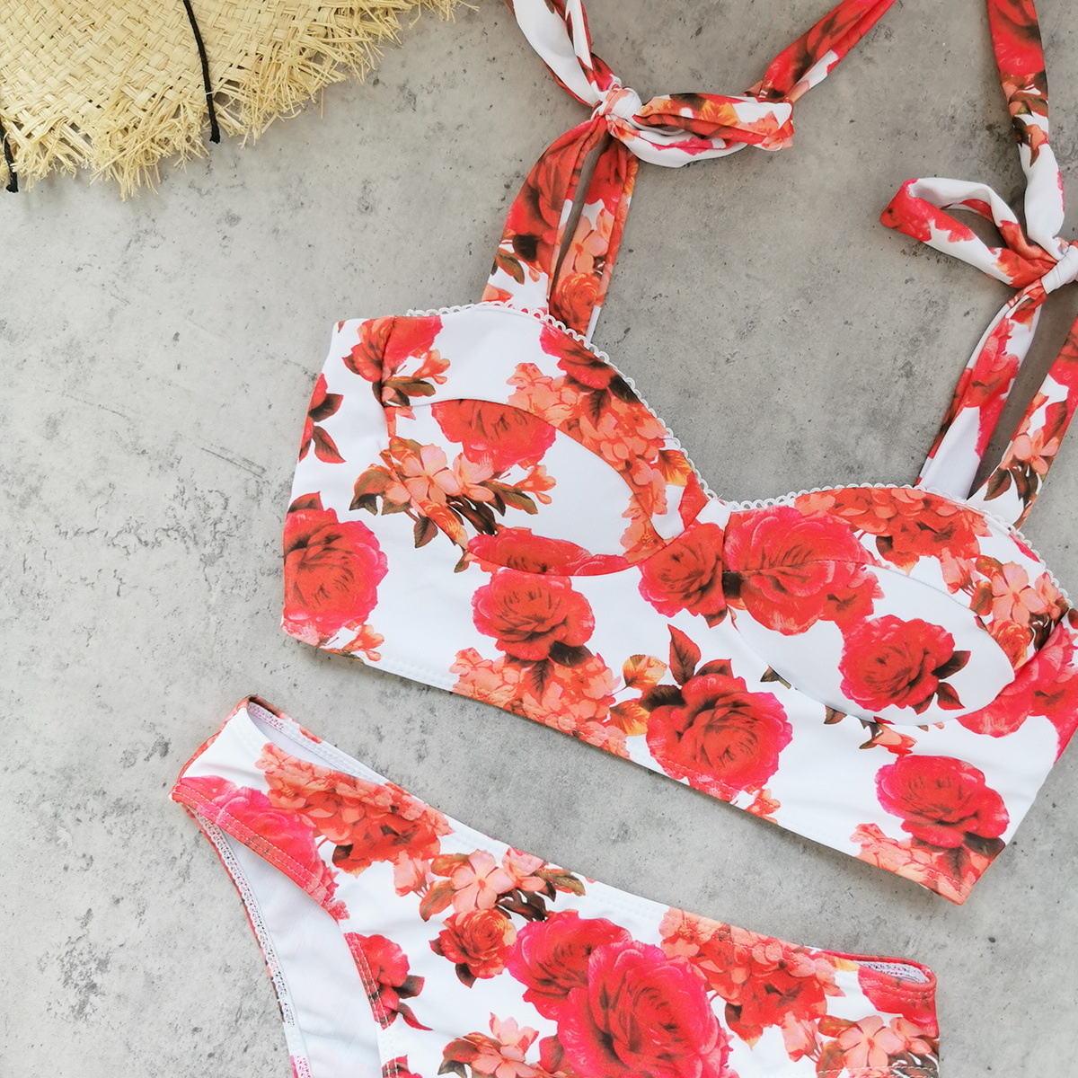 White Red Floral Tie-Strap Bikini Top and Bottom
