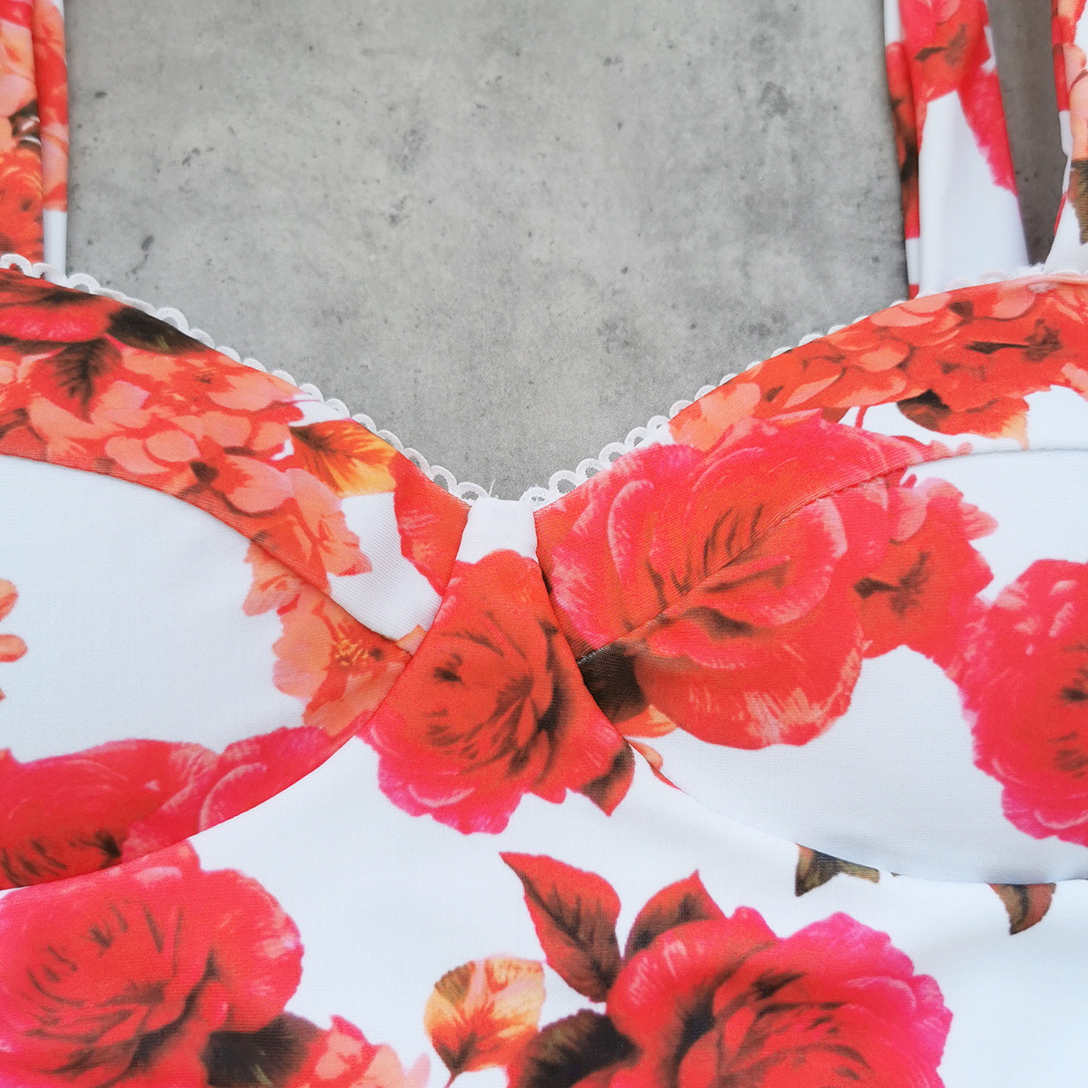 White Red Floral Tie-Strap Bikini Top and Bottom