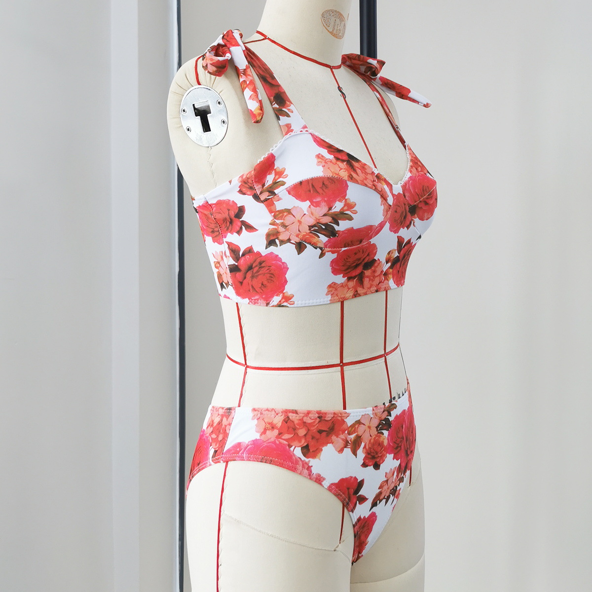 White Red Floral Tie-Strap Bikini Top and Bottom