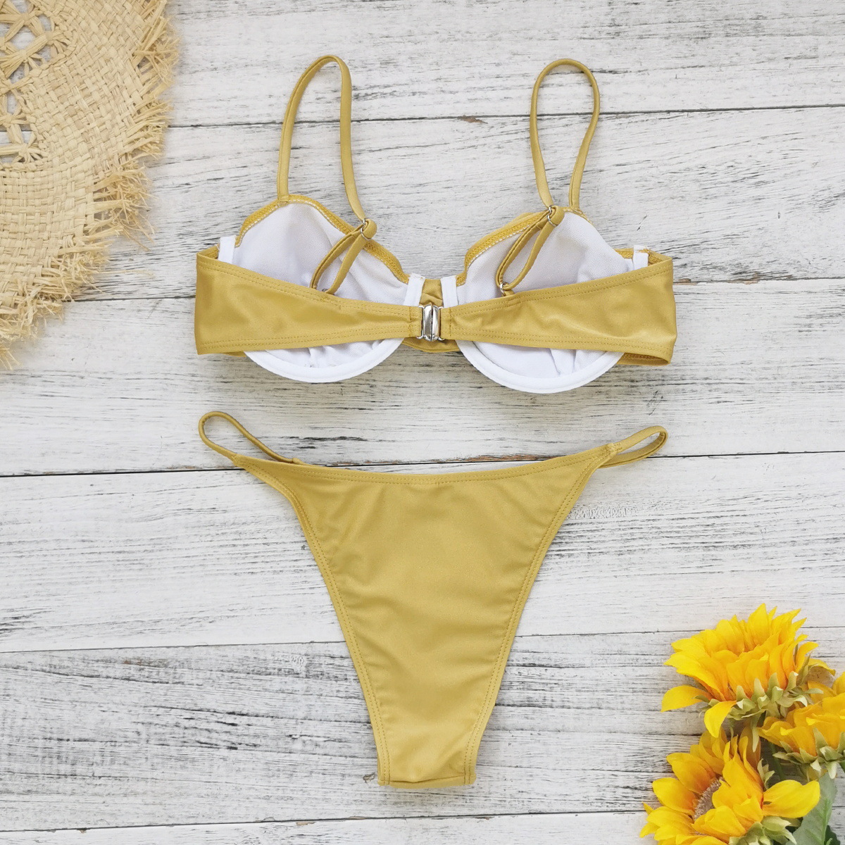 Gold Ruched Underwire Bikini with High-Cut Bottoms