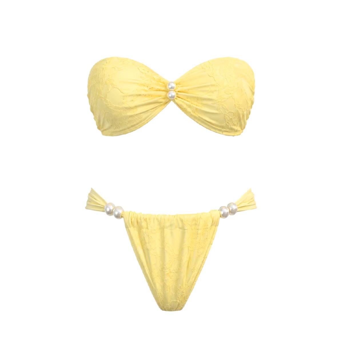 Yellow Lace Bandeau Bikini Set with Pearl Accents