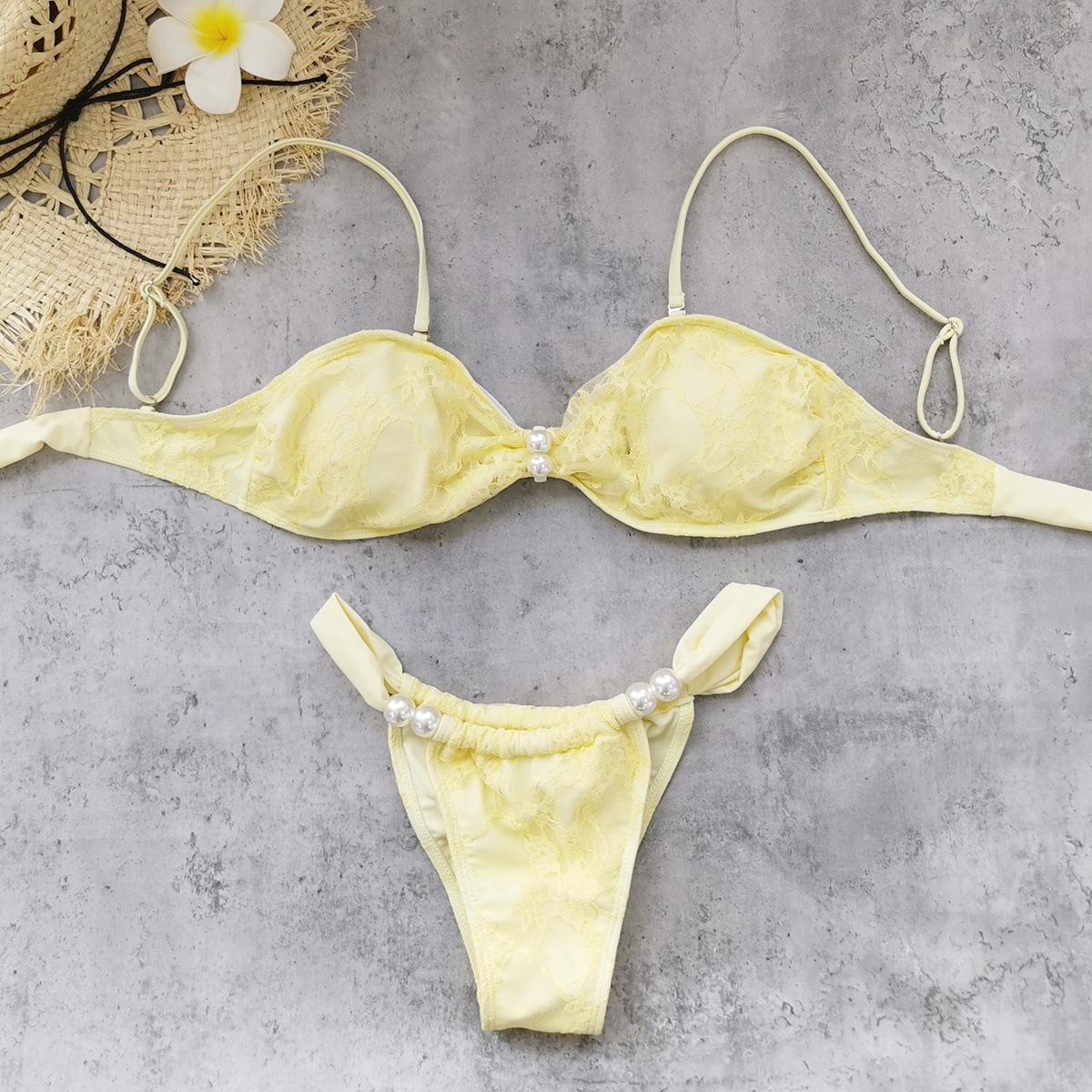 Yellow Lace Bandeau Bikini Set with Pearl Accents